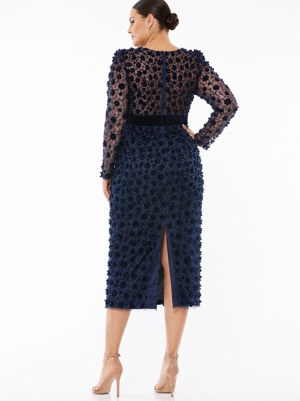 NWT Mac Duggal 3D Floral Embellished Midi Column Dress Size 24 Plus Midnight